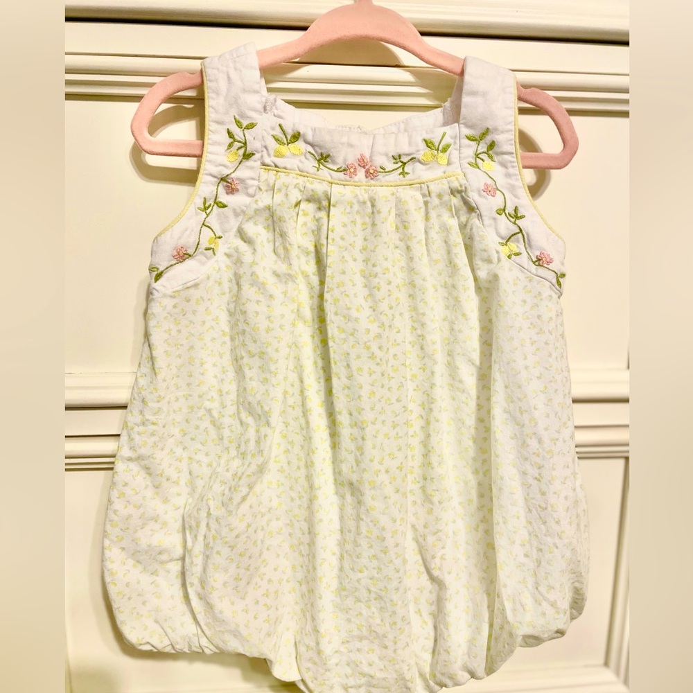 Embroidered White & Light Green Floral Baby Bubble One-Piece